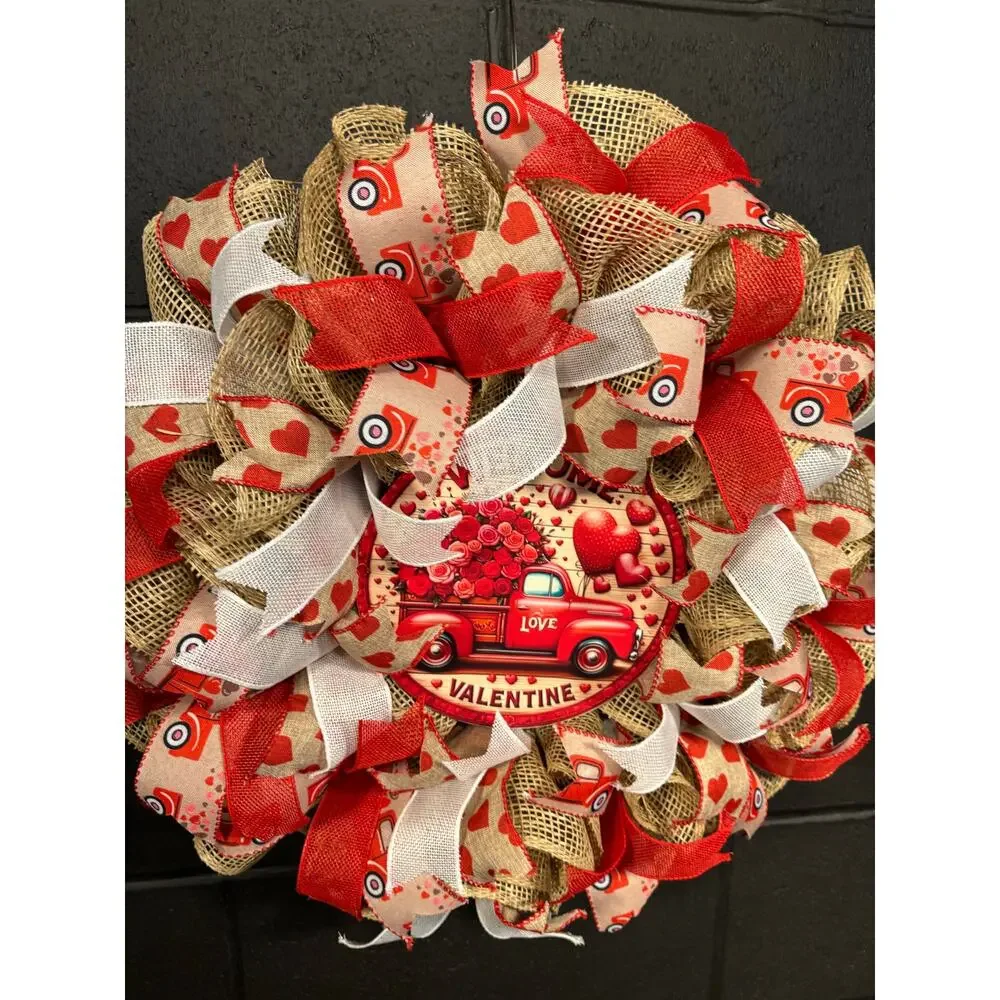 Valentines Day Wreath, Rustic, Farmhouse, Red Truck, Handmade 22 In Burlap